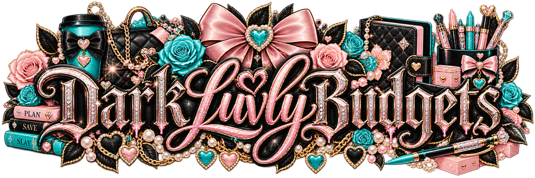 Dark Luvly Budgets luxury glam banner with pink and teal roses, bows, pearls and gold hearts